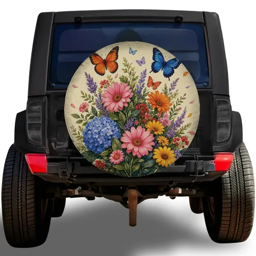 Wildflower Bouquet With Colorful Butterflies For Garden Loving Adventure Drivers Spare Tire Cover
