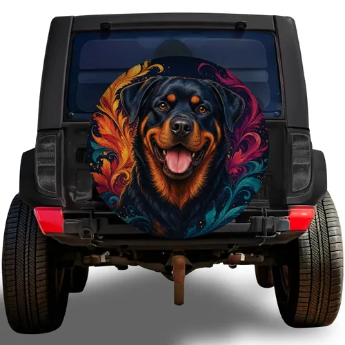 Joyful Rottweiler With Colorful Swirls For Dog Lovers And Outdoor SUV Adventures Spare Tire Cover