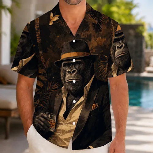 Vintage Noir Gorilla Gentleman Tropical Night Lounge For Resort Vacation Cruise Style Hawaiian Shirt