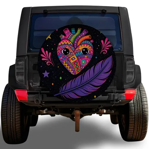 Neon Patchwork Heart And Purple Feather For Road Trips And Boho Adventure Lovers Spare Tire Cover