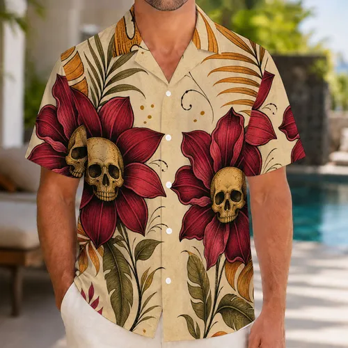 Vintage Skull Hibiscus Flowers For Beach Vacation Summer Parties And Resort Wear Men Hawaiian Shirt