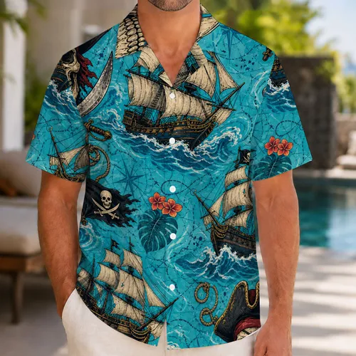 Vintage Pirate Ships And Skull Captains For Beach Cruises And Tropical Party Fans Hawaiian Shirt