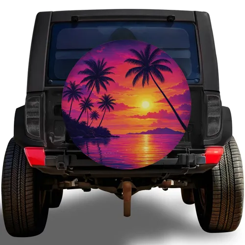 Tropical Palm Sunset Beach Scene For RV Camping, Island Road Trips and Travel Lovers Spare Tire Cover