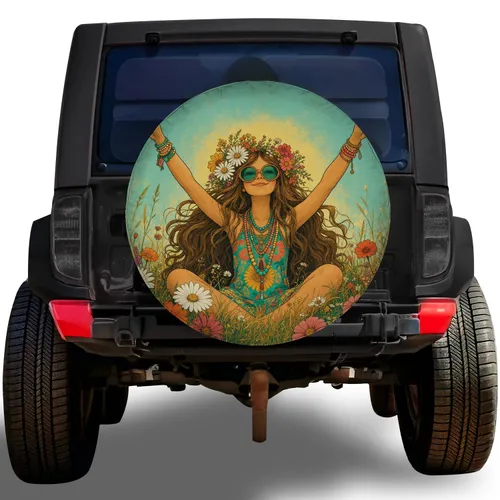Boho Flower Child Meadow Girl With Peace Signs For Summer Camping and RV Travel Trips Spare Tire Cover