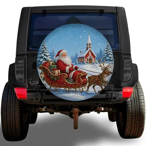 Santa Sleigh And Snowy Chapel Christmas Road Trip Gift For Holiday Jeep Owners Spare Tire Cover