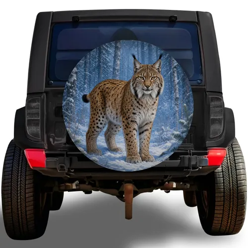 Eurasian Lynx In Snowy Forest For Jeep Camping And Winter Wildlife Road Adventure Spare Tire Cover