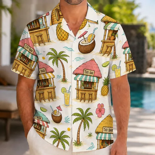 Tiki Bar Pineapple Coconut Cocktail Motifs For Tropical Beach Vacation Resort Parties Hawaiian Shirt