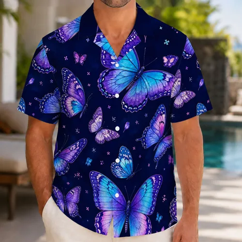 Tropical Blue Purple Butterfly Swarm For Beach Vacation And Resort Wear For Stylish Men Hawaiian Shirt