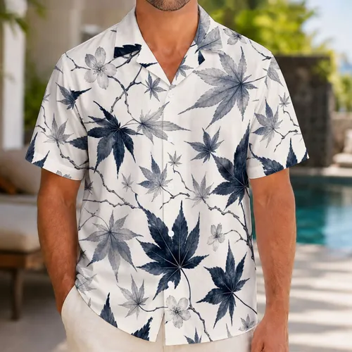 Japanese Maple Leaves Ink Wash Botanical Vacation Resort Travel Wear For Men Summer Hawaiian Shirt