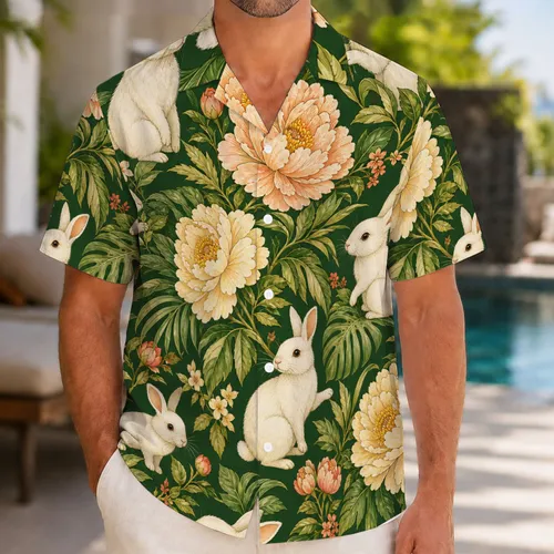 Vintage Bunny And Tropical Floral Garden For Resort Trips And Relaxed Daily Wear Hawaiian Shirt