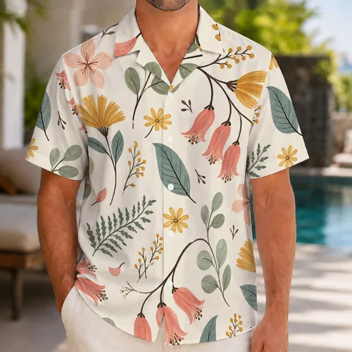 Hand-Painted Tropical Botanical Floral Motifs for Resort Vacation Wear and Travel Style Hawaiian Shirt