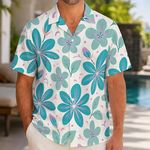 Teal Plumeria And Lavender Botanical Florals For Beach Vacations And Resort Wear Hawaiian Shirt