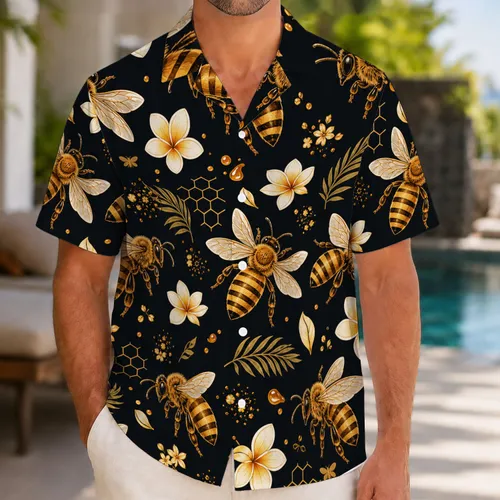 Golden Honey Bees And Plumeria Flowers For Beach Vacations And Tropical Getaways Hawaiian Shirt