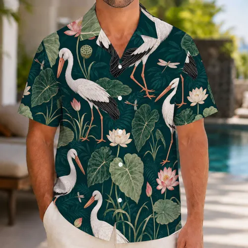 White Stork Lotus Pond Tropical Summer Vacation Wear For Men Beach Resort Escapes Hawaiian Shirt