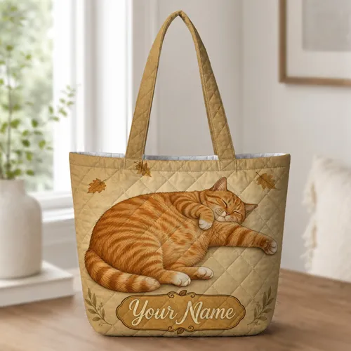 Sleeping Orange Tabby Cat Autumn Gift for Cat Lovers Cozy Fall Halloween Home Decor Quilted Tote Bag