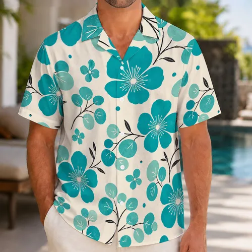 Teal Island Floral Botanical Aloha Style For Beach Vacations And Resort Travel Men Hawaiian Shirt