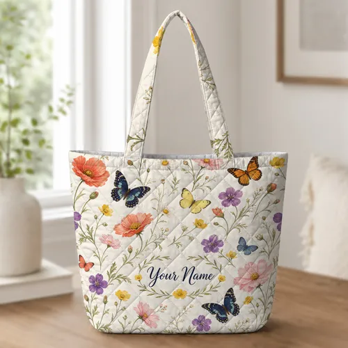 Wildflower Butterfly Meadow For Everyday Travel And Spring Gifts For Garden Lovers Quilted Tote Bag