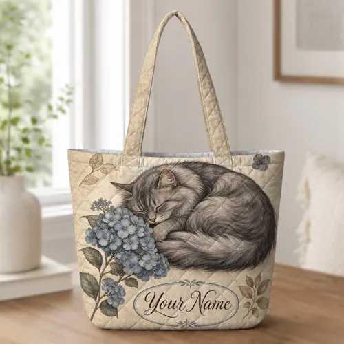 Sleepy Gray Cat With Blue Hydrangeas For Cozy Travel And Everyday Carry Gifts For Women Quilted Tote Bag