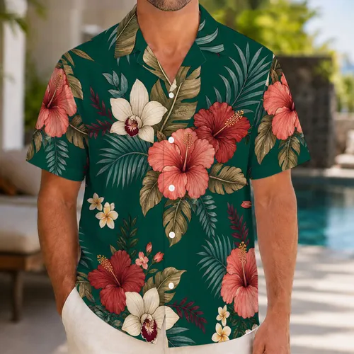 Coral Hibiscus And Jade Palm Botanical Motifs For Resort Travel And Beach Getaways Hawaiian Shirt