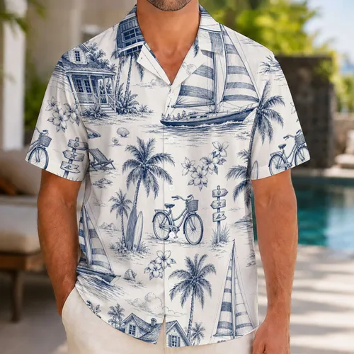 Vintage Sailboats, Beach Cottages And Palm Trees For Seaside Vacation Resort Wear Hawaiian Shirt