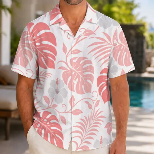 Coral Pink Monstera And Hibiscus Botanical Resort Wear For Beach Vacation Getaways Hawaiian Shirt