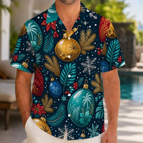 Tropical Christmas Ornaments And Snowflakes For Holiday Parties And Resort Wear Men Hawaiian Shirt