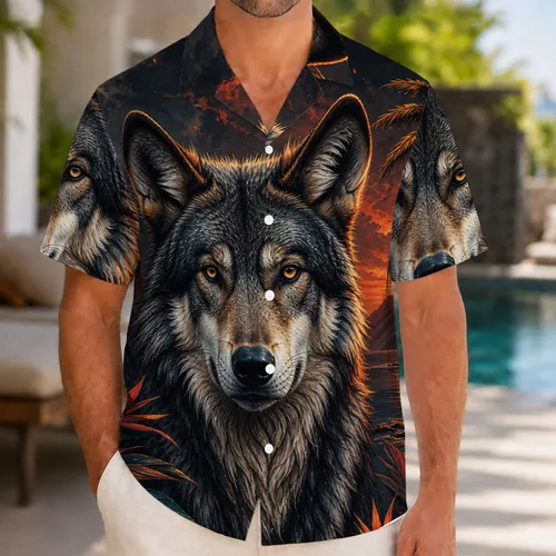 Gray Wolf Tropical Sunset Resort Wear for Beach Nights and Outdoor Adventure Travel Hawaiian Shirt