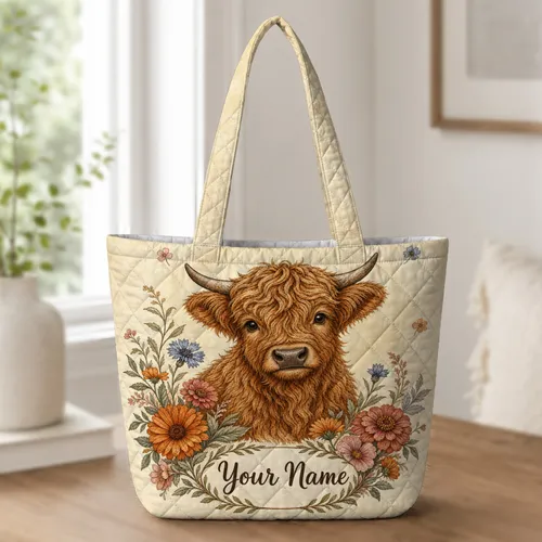 Highland Calf Floral Farmhouse Carryall For Everyday Shopping And Country Gift Giving Quilted Tote Bag