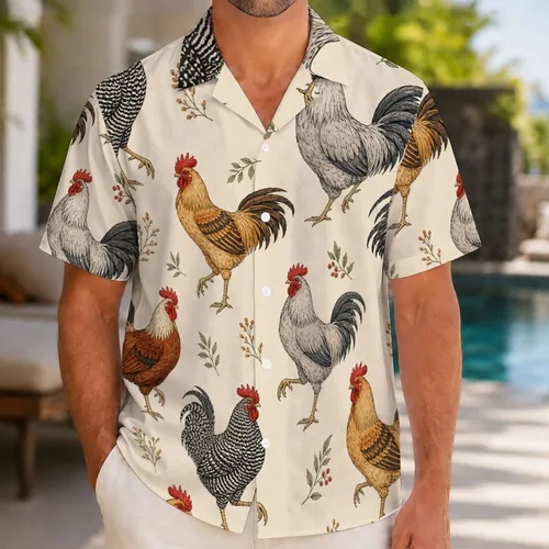 Vintage Rooster Motif for Beach Vacations, Resort Wear and Country Style Living Hawaiian Shirt