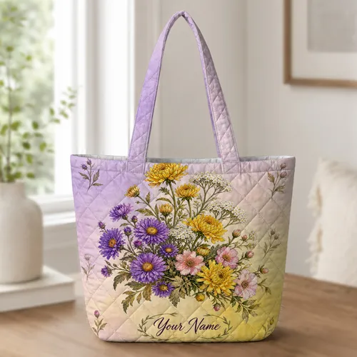 Late Summer Wildflower Bouquet Gift for Garden Lovers, Birthdays and Everyday Style Quilted Tote Bag