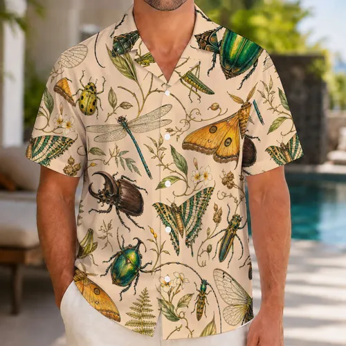 Vintage Tropical Insect Motifs For Resort Travel And Summer Vacation Wear For Men Hawaiian Shirt
