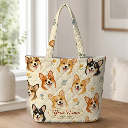 Corgi Floral Daisy Companion Gift For Dog Moms Everyday Errands And Weekend Trips Quilted Tote Bag
