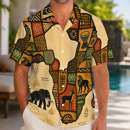 African Map Animal Mosaic Cultural Travel Resort Style For Men Vacation Wear Outfit Hawaiian Shirt