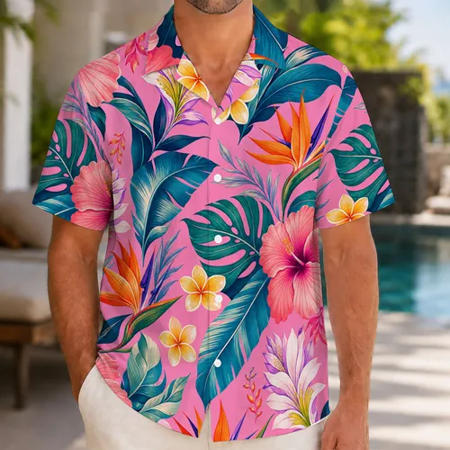 Pink Tropical Flowers And Teal Leaves For Beach Vacations, Resort Getaways, And Cruise Travel Hawaiian Shirt