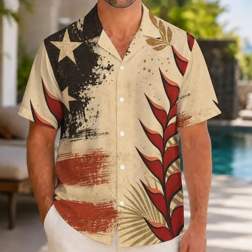 Vintage Tropical Heliconia And Americana Stars For Resort Travel And Summer Weekends Hawaiian Shirt