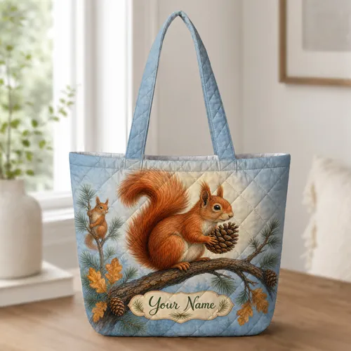 Red Squirrel Pinecone Woodland Name Gift for Autumn Nature Lovers and Cottagecore Fans Quilted Tote Bag