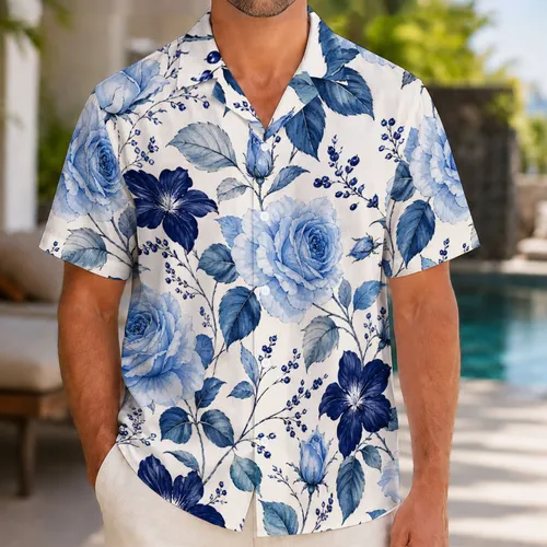 Blue Garden Rose And Indigo Floral Coastal Resort Vacation Wear For Fashionable Men Hawaiian Shirt