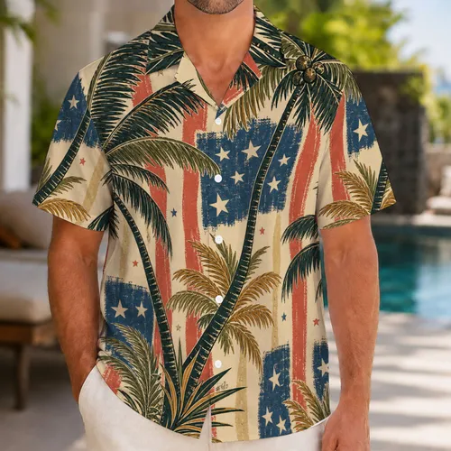 Retro Coconut Palm Stars And Stripes For Beach Vacations And Patriotic Summer Style Hawaiian Shirt