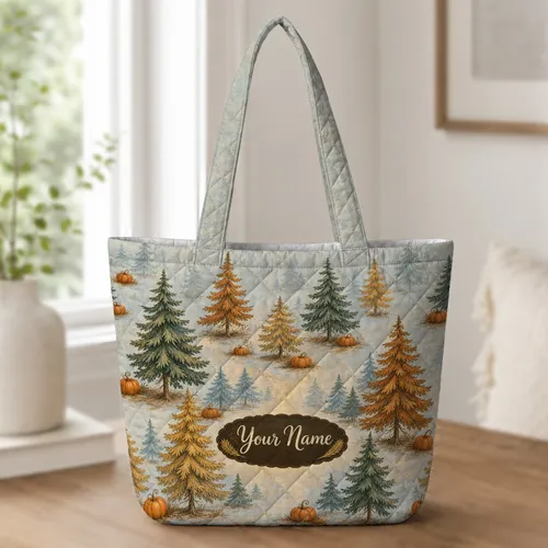 Autumn Pine Trees And Pumpkins For Harvest Camping And Thanksgiving Gifts For Her Quilted Tote Bag