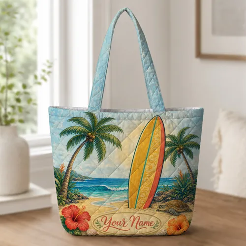 Vintage Surfboard With Hibiscus Palms For Beach Travel, Resort Days, And Surf Lovers Quilted Tote Bag