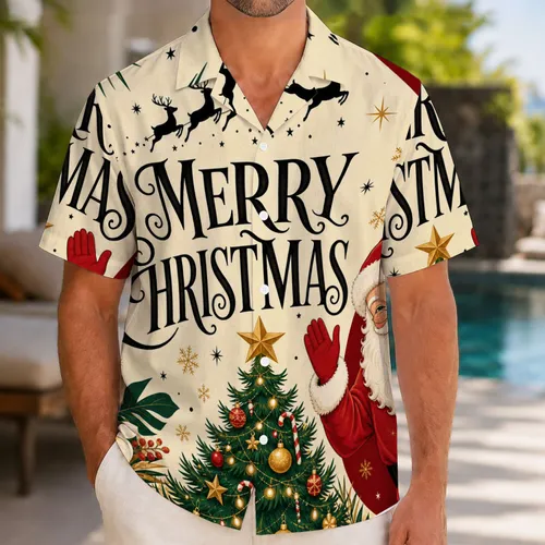 Merry Christmas Santa And Reindeer Tree Tropical Holiday Party Wear Gift For Men Women Hawaiian Shirt
