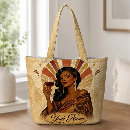 Vintage Art Deco Woman With Wine Glass for Travel Style and Fashion Lovers Gifts Quilted Tote Bag