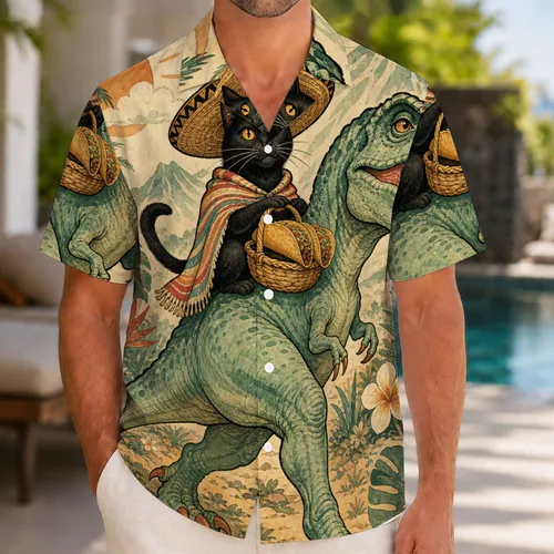 Vintage Cat Riding Dinosaur With Tacos For Tropical Beach Vacations And Summer Parties Hawaiian Shirt