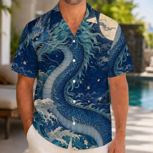 Moonlit Blue Sea Dragon And Ocean Waves for Beach Vacations and Coastal Resort Style Hawaiian Shirt
