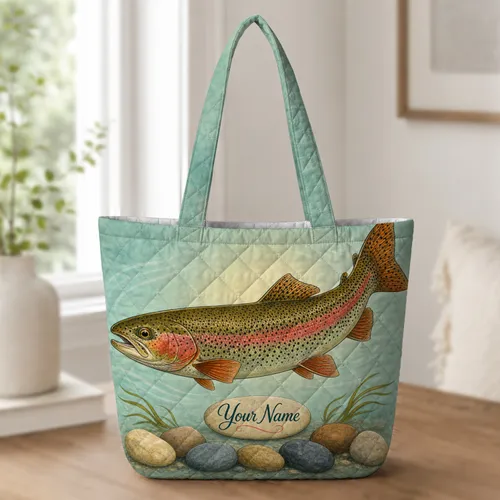 Rainbow Trout Riverbed Stones For Fishing Adventures And Outdoor Nature Enthusiasts Quilted Tote Bag