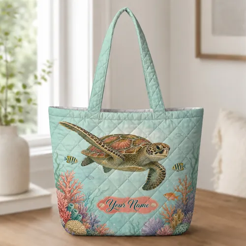 Green Sea Turtle Coral Reef Beach Travel Gift For Ocean Lovers And Coastal Style Quilted Tote Bag