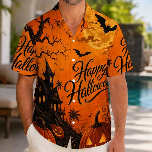 Haunted House Pumpkins And Bats For Halloween Parties And Tropical Vacation Nights Hawaiian Shirt