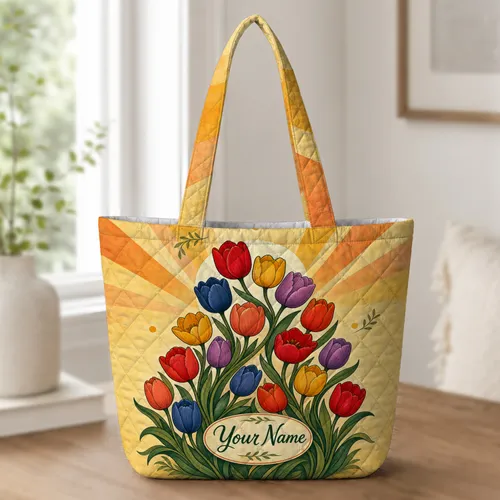 Tulip Garden Sunrise Gift For Flower Lovers Weekend Market And Daily Carry Travel Quilted Tote Bag