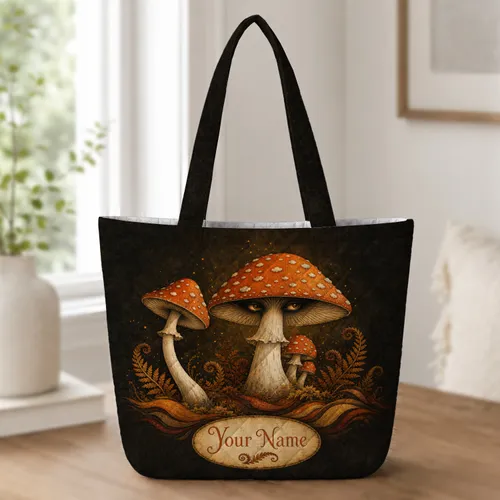 Enchanted Fly Agaric Mushroom Forest For Autumn Halloween Cottagecore Gift Lovers Quilted Tote Bag
