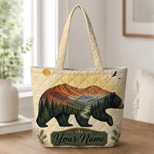 Walking Black Bear Mountain Forest Scene for Hiking Travel and Nature Loving Women Quilted Tote Bag